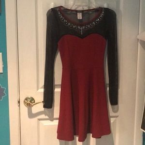 Deep red, black mesh sleeve and chest dress